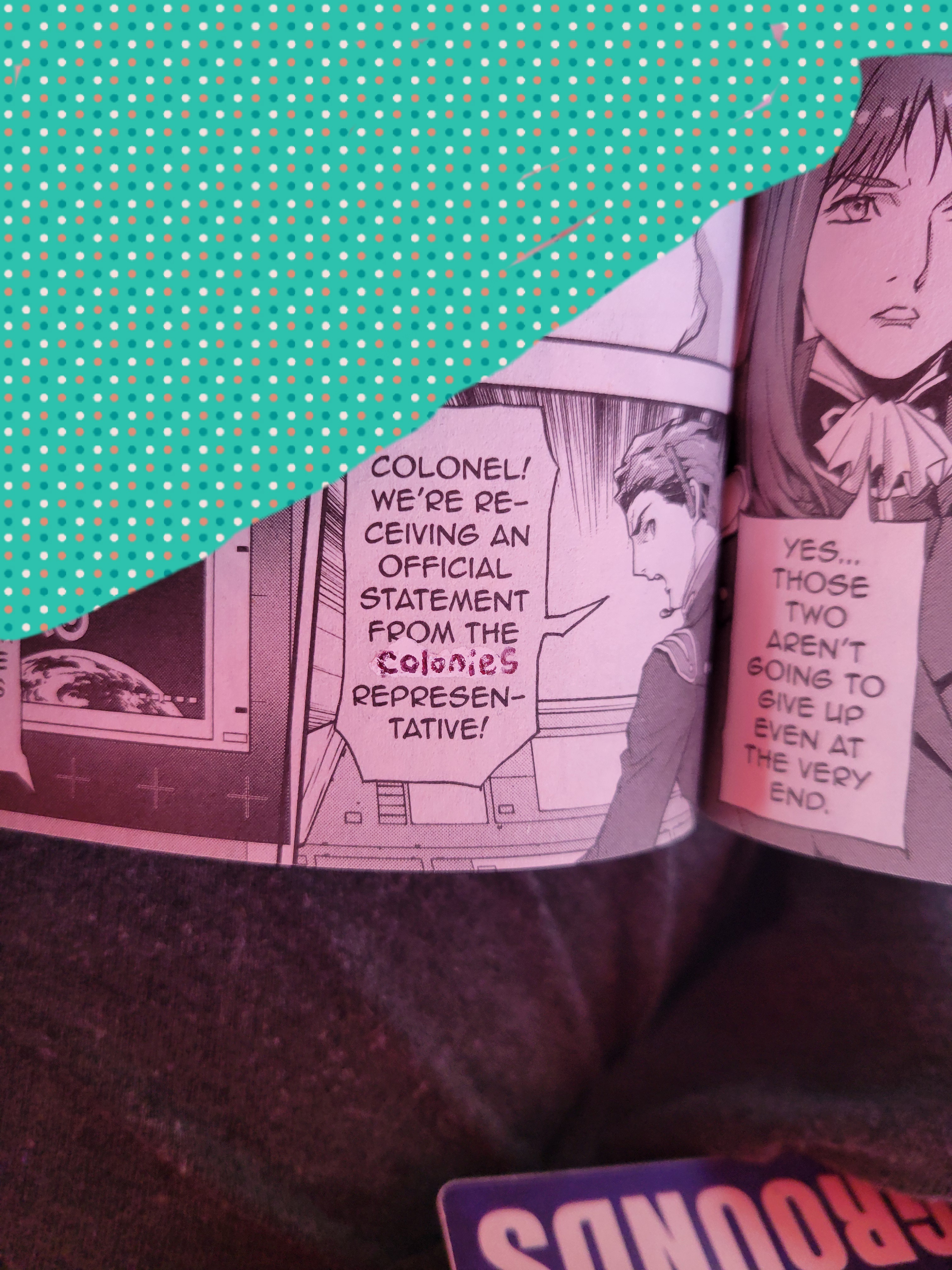 Manga panel from Gundam Wing Glory of Losers volume 14 with the word habitat crossed out and replaced with colonies.